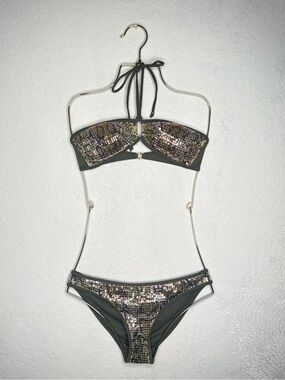 H&M Olive Sequin Bandeau Bikini with Halter Tie